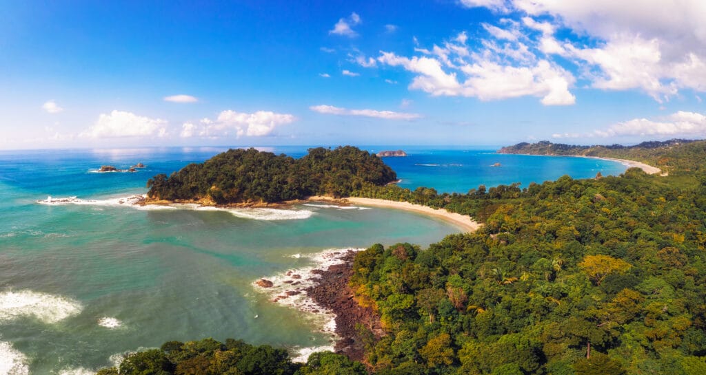 Aerial panorama of a beach located in the Manuel Antonio National Park, Costa Rica