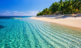 Dravuni Island, Fiji. Beach on the tropical islandand clear turquoise water.
